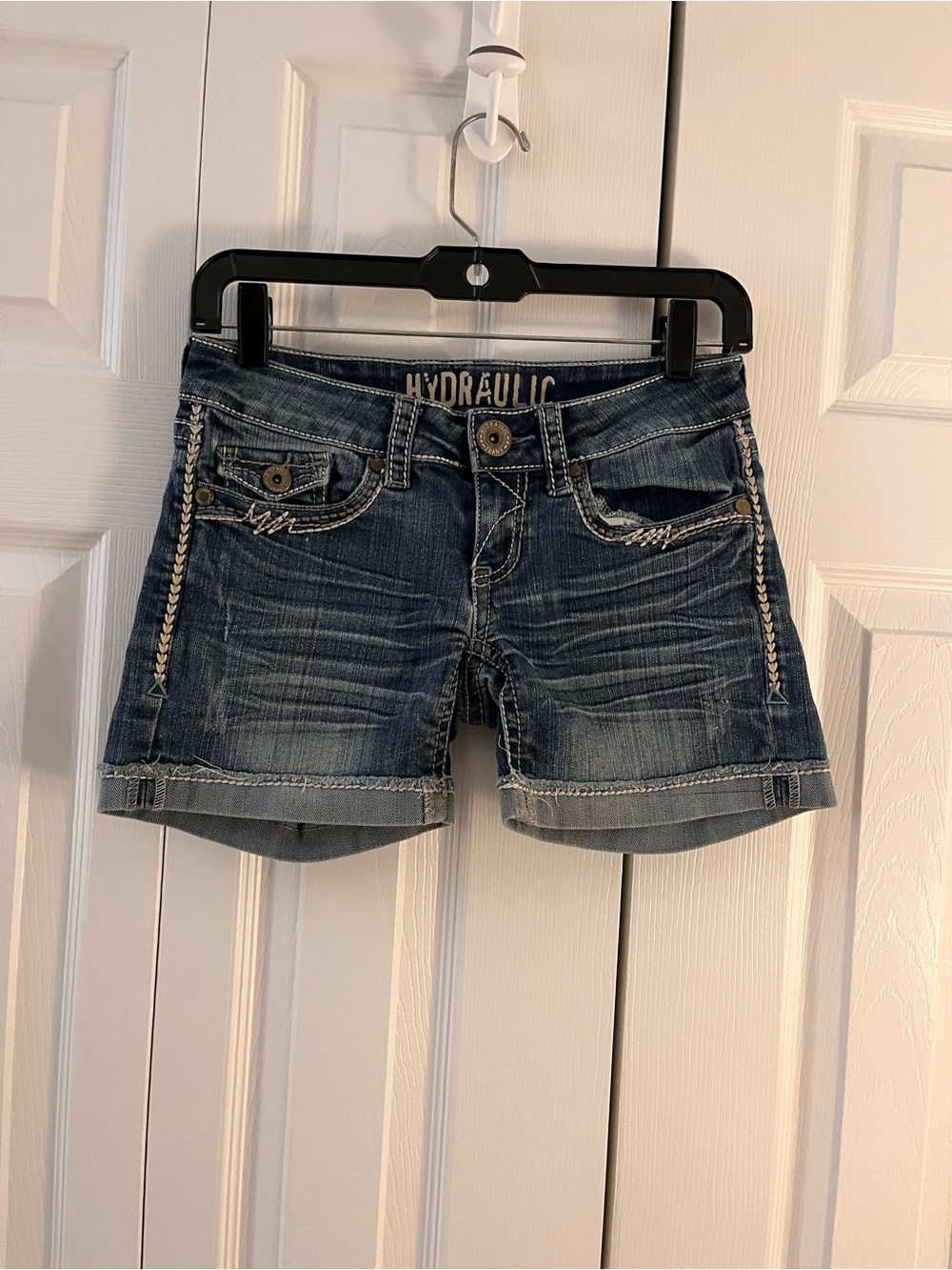 Hydraulic Women's Distressed Dark Blue Denim Shorts with Braided Trim